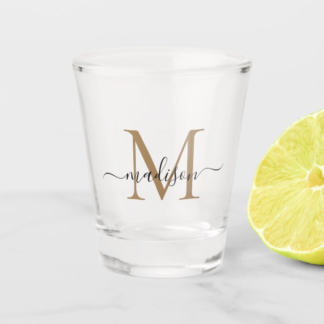 Elegant Black Gold Monogram Script Name Initial Shot Glass (Front)