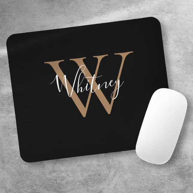 Elegant Black Gold Monogram Script Name Mouse Pad
