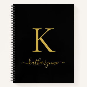 Elegant Black Gold Monogram Script Name Notebook