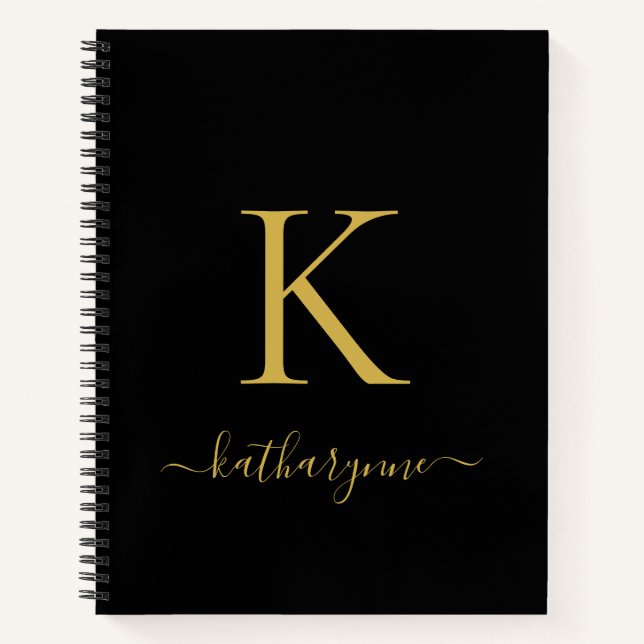 Elegant Black Gold Monogram Script Name Notebook (Front)