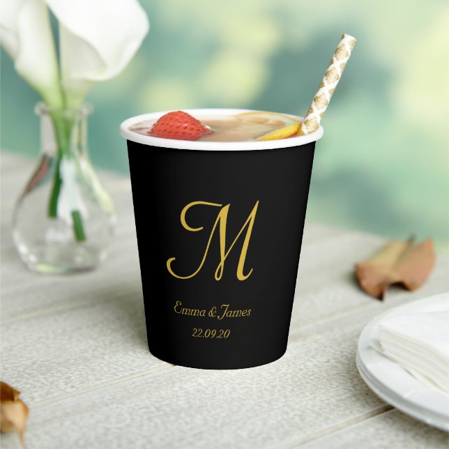 Elegant Black Gold Monogram Script Name  Paper Cups (Insitu)