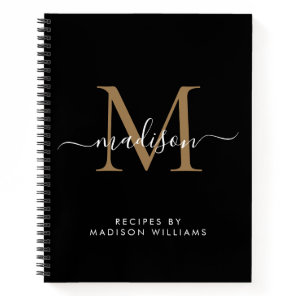 Elegant Black Gold Monogram Script Name Recipe Notebook