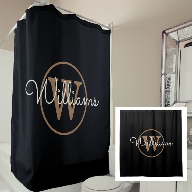 Elegant Black Gold Monogram Script Name Shower Curtain (Elegant Black Gold Monogram Script Name Shower Curtain)
