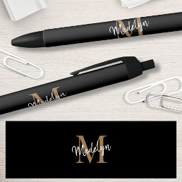 Elegant Black Gold Monogram Script Name Stylish Black Ink Pen