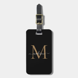 Elegant Black Gold Monogram Script Name Stylish Lu Luggage Tag