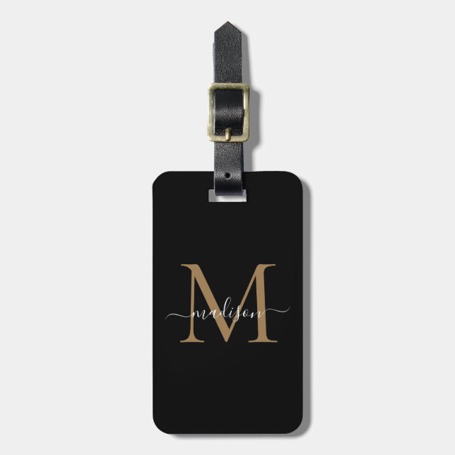 Elegant Black Gold Monogram Script Name Stylish Lu Luggage Tag (Front Vertical)
