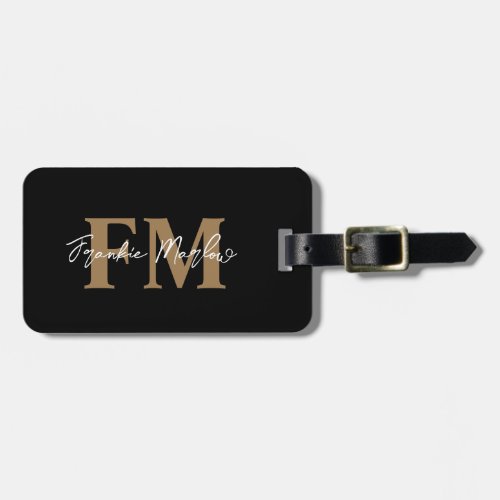 Elegant Black Gold Monogram Script Name Stylish Luggage Tag
