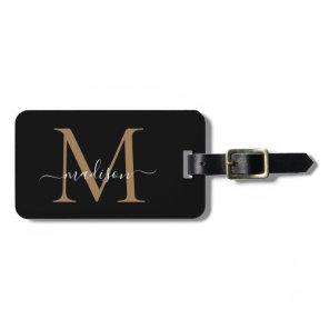 Elegant Black Gold Monogram Script Name Stylish Luggage Tag