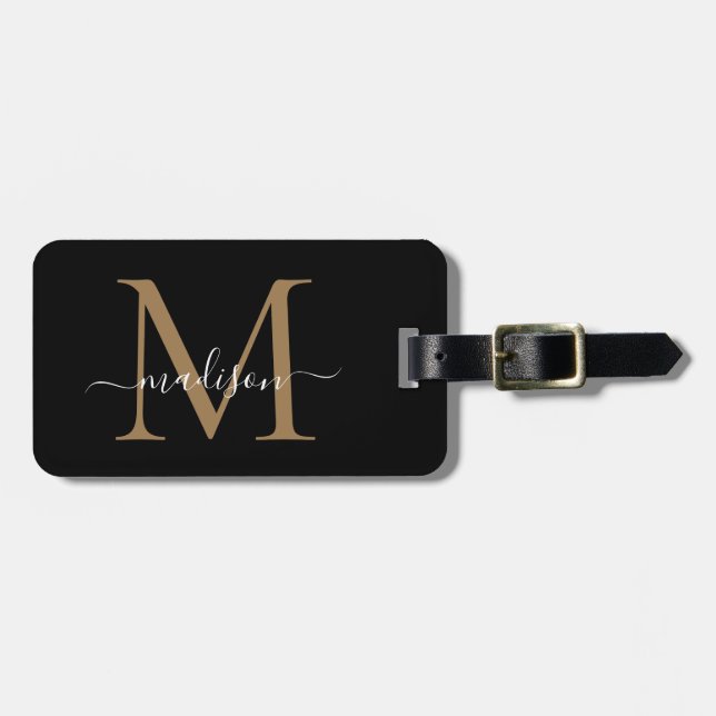 Elegant Black Gold Monogram Script Name Stylish Luggage Tag (Front Horizontal)