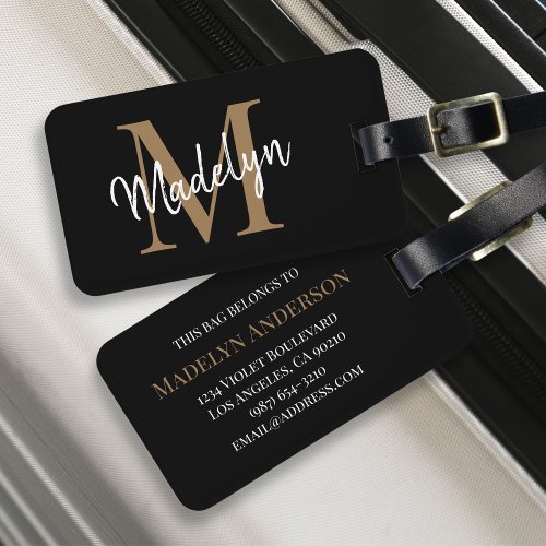 Elegant Black Gold Monogram Script Name Stylish Luggage Tag