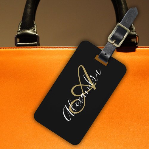 Elegant Black Gold Monogram Script Name Stylish Luggage Tag