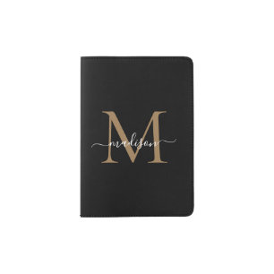 Elegant Black Gold Monogram Script Name Stylish Passport Holder