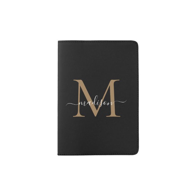 Elegant Black Gold Monogram Script Name Stylish Passport Holder (Front)