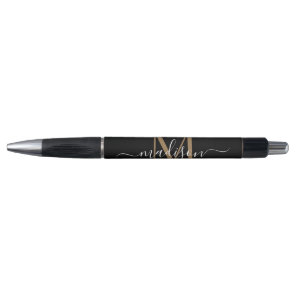 Elegant Black Gold Monogram Script Name Stylish Pen