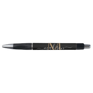 Elegant Black Gold Monogram Script Name Stylish Pen
