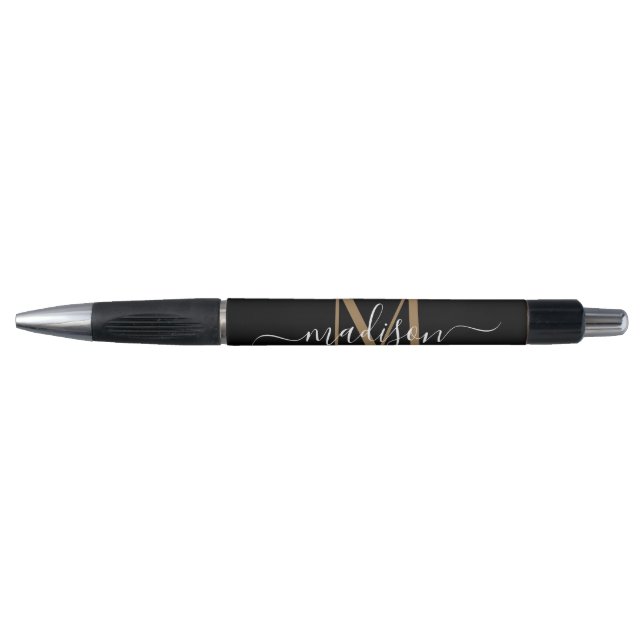 Elegant Black Gold Monogram Script Name Stylish Pen (Front)