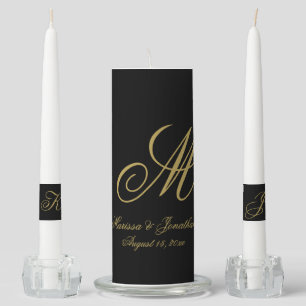 Elegant Black Gold Monogram Script Names Wedding Unity Candle Set