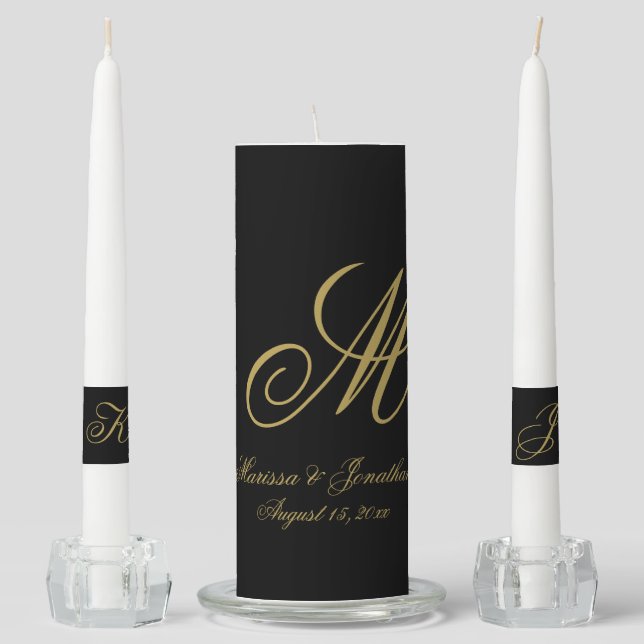 Elegant Black Gold Monogram Script Names Wedding Unity Candle Set (Front)