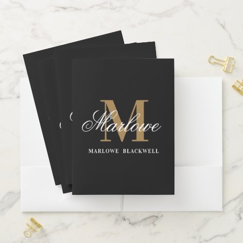 Elegant Black Gold Monogram Script Pocket Folder