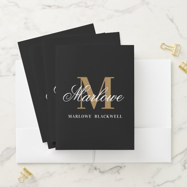 Elegant Black Gold Monogram Script Pocket Folder (In Situ)