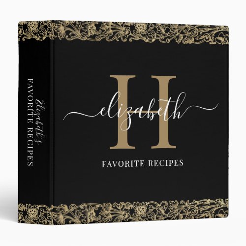 Elegant Black Gold Monogram Script Recipe Binder