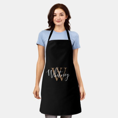 Elegant Black Gold Monogram Script Stylish Name Apron