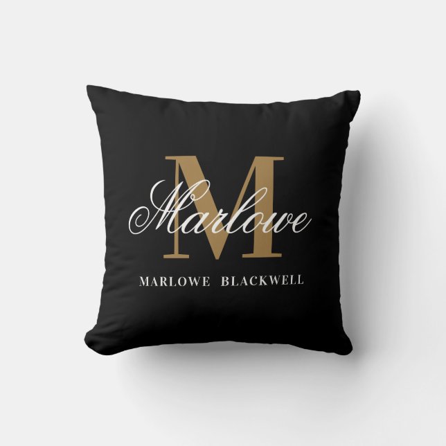 Elegant Black Gold Monogram Script Throw Pillow (Front)