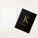 Elegant Black Gold Monogram Script Typography Planner<br><div class="desc">Chic Elegant  Gold Monogram Script on a chic Black Planner. Easy to customize with your own name and details. Perfect for your luxury lifestyle! Please contact us at cedarandstring@gmail.com if you need assistance with the design or matching products.</div>