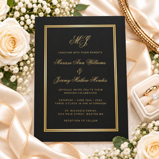 Elegant Black Gold Monogram Script Wedding Invitation (Elegant Black Gold Monogram Script Wedding Invitation)