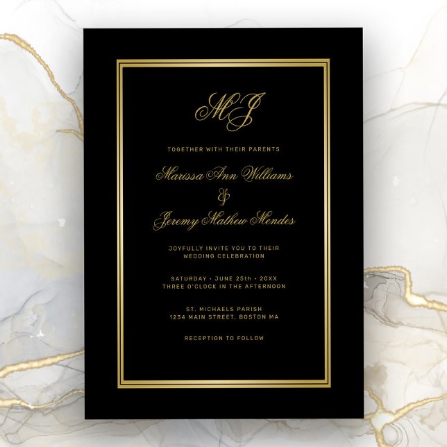 Elegant Black Gold Monogram Script Wedding Invitation (Elegant Black and gold wedding invitation.)