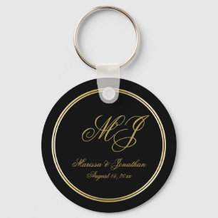 Elegant Black Gold Monogram Script Wedding Keychain