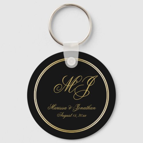 Elegant Black Gold Monogram Script Wedding Keychain