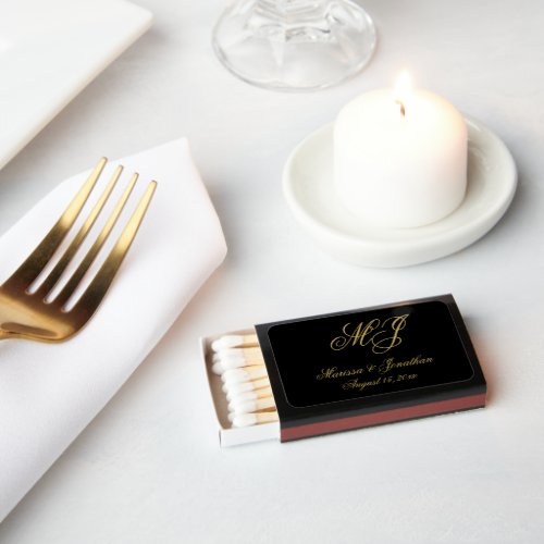 Elegant Black Gold Monogram Script Wedding Matchboxes