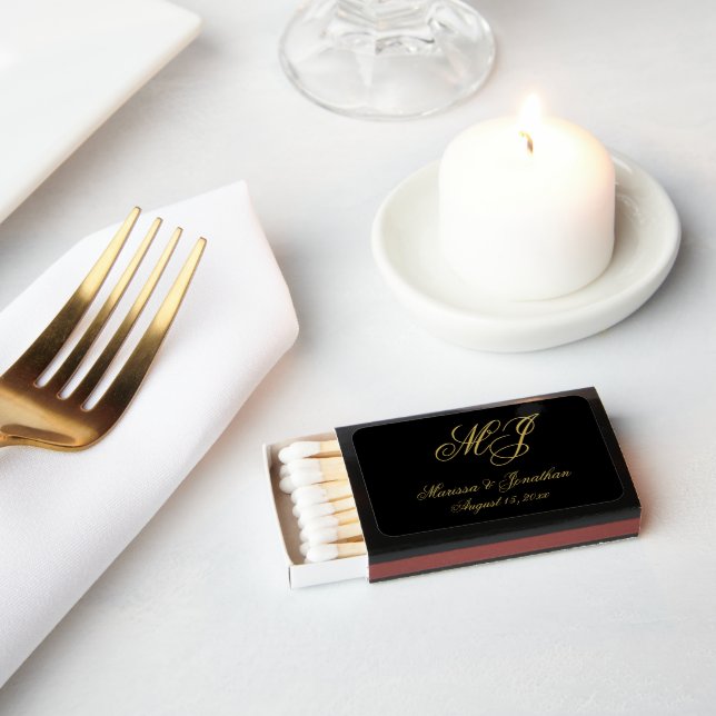 Elegant Black Gold Monogram Script Wedding Matchboxes (Insitu)