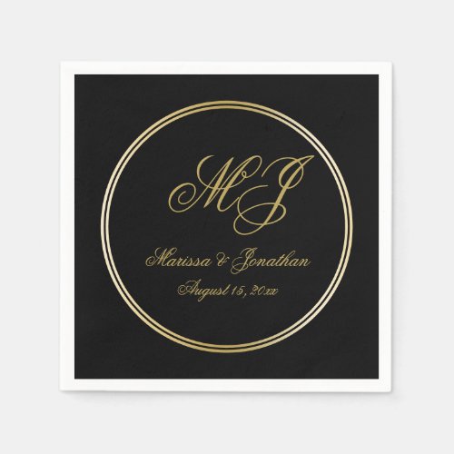 Elegant Black Gold Monogram Script Wedding Napkins