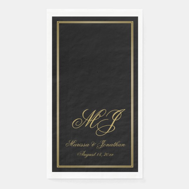 Elegant Black Gold Monogram Script Wedding Paper Guest Towels (Front)