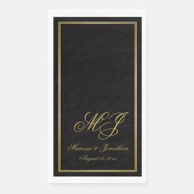 Elegant Black Gold Monogram Script Wedding Paper Guest Towels | Zazzle