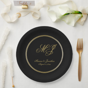 Elegant Black Gold Monogram Script Wedding Paper Plates