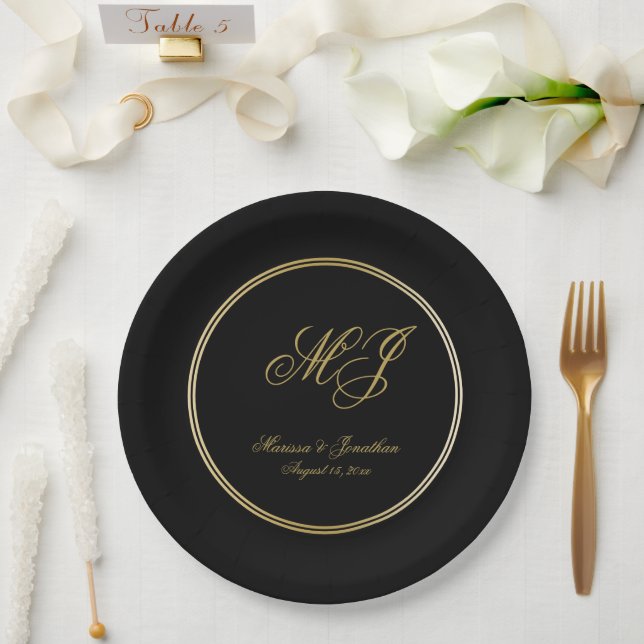 Elegant Black Gold Monogram Script Wedding Paper Plates (Wedding)