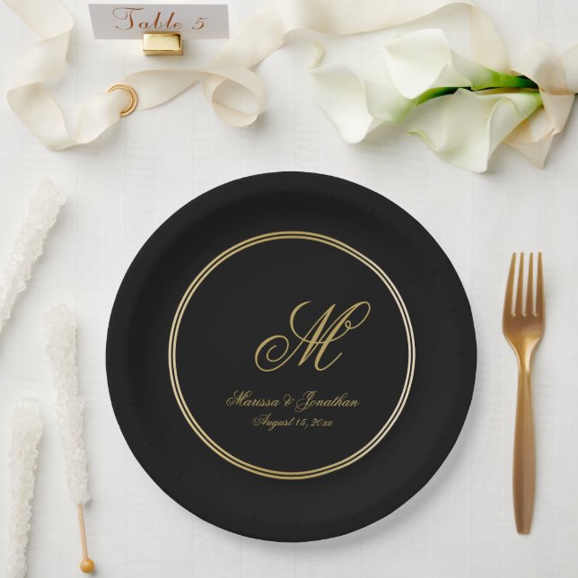 Elegant Black Gold Monogram Script Wedding Paper Plates (Wedding)