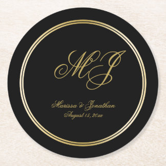 Elegant Black Gold Monogram Script Wedding Round Paper Coaster