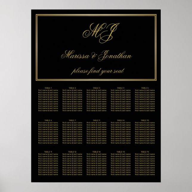 Elegant Black Gold Monogram Script Wedding Seating Poster (Front)
