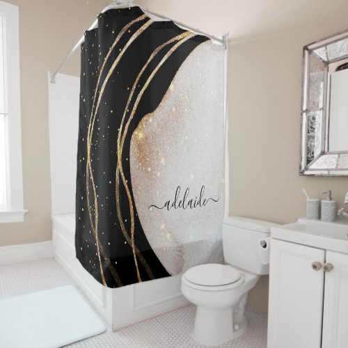 Elegant Black Gold Monogram Signature Script Name Shower Curtain