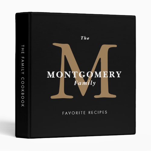 Elegant Black Gold Monogram Simple Family Cookbook 3 Ring Binder