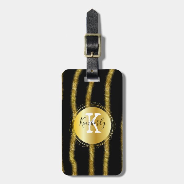 Elegant Black Gold Monogram Stripe  Luggage Tag (Front Vertical)