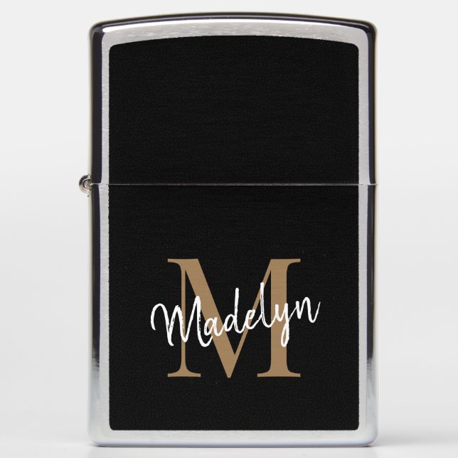 Elegant Black Gold Monogram Stylish Chic Script Zippo Lighter (Front)