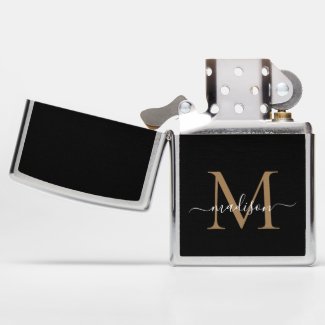 Elegant Black Gold Monogram Stylish Chic Script Zippo Lighter