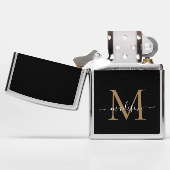 Elegant Black Gold Monogram Stylish Chic Script Zippo Lighter (Opened)