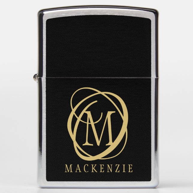 Elegant Black Gold Monogram Stylish Classic Zippo Lighter (Front)
