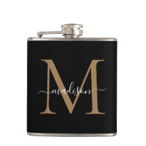 Elegant Black Gold Monogram Stylish Script Name Flask Elegant Black Gold Monogram Stylish Script Name Flask